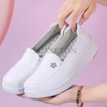 Туфли медсестры из натуральной кожи, женские, мягкие подошвы, дышащие и удобные, осенне-зимние, медицинские, толстые подошвы, нескользящие, рабочая обувь 34