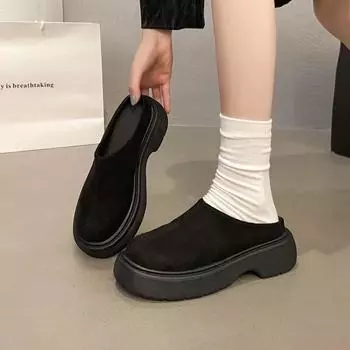 Туфли-мешки на толстой подошве, полутапочки, повседневная верхняя одежда, ретро-туфли на толстом каблуке осень 2024 года, ленивый человек, одна педаль, женские туфли Muller 35 хаки