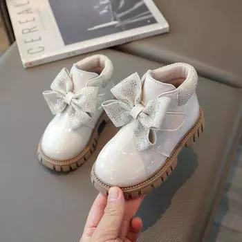 Туфли Модный бант Обувь для девочек 2025весна Новые Детские кожаные ботинки в британском стиле Простые повседневные ботильоны для девочек Резиновые сапоги 21insole13.5cm бежевый