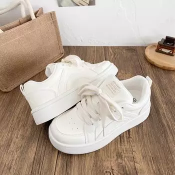 Туфли молочно-белые с толстой подошвой, женская кожаная поверхность, весна 2025, новые шикарные нишевые дышащие универсальные студенческие спортивные маленькие белые туфли 35 бежевый