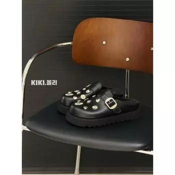 Туфли MONA новая ретро сумка голова полушлепанцы женские для улицы заклепки повседневные кожаные туфли на платформе 35 чёрный