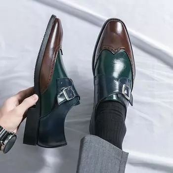 Туфли-монки мужские из искусственной кожи с цветными блоками, пряжкой, резьбой, модные, деловые, повседневные, мужские туфли, большие размеры 38-48 38 чёрный