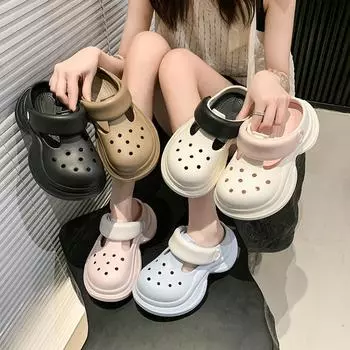 Туфли Muffin с толстой подошвой и отверстиями, женские, летние, универсальные, модные, однотонные, усиливающие нескользящие, интернет-знаменитости, пляжная сумка, крутые тапочки 35 чёрный