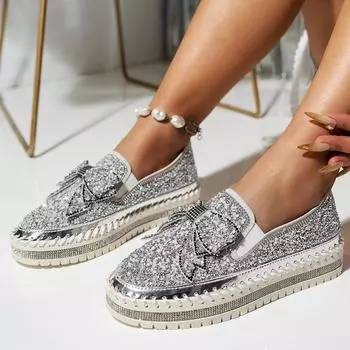 Туфли Muffin Shoes Женские туфли большого размера Лоферы на платформе Весна-лето Туфли Lazy Shoes Педаль со стразами 35 серебряный