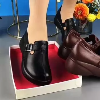 Туфли Muffin женские на толстой подошве из мягкой кожи ручной работы с пряжкой из одного слова, ретро-туфли с круглой головкой, удобная мягкая подошва, весна 2024 г., женская обувь 35 чёрный