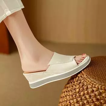 Туфли-мюли Krazing Pot из натуральной кожи с открытым носком на толстом каблуке, летние женские босоножки на платформе и танкетке 34 бежевый