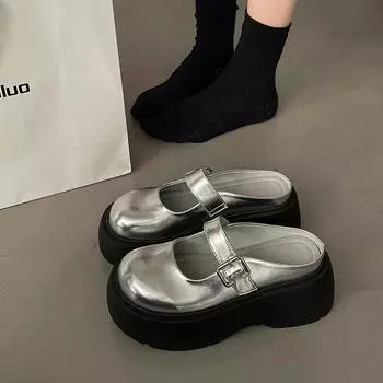 Туфли-мюли на платформе, женские тапочки с открытой пяткой, весна-осень, новые повседневные прогулочные туфли на толстом высоком каблуке с пряжкой, женские полутапочки 35 чёрный