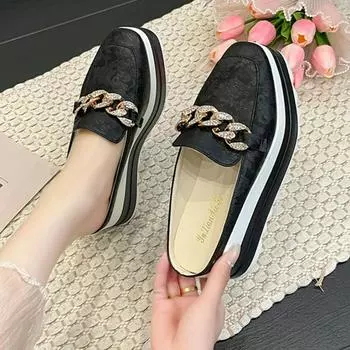 Туфли-мюли с кристаллами и цепочкой на платформе, женские, 2024 г., новые повседневные туфли без застежек на толстой подошве, женские, разноцветные, толстые, подошва-мюли, тапочки 35 чёрный