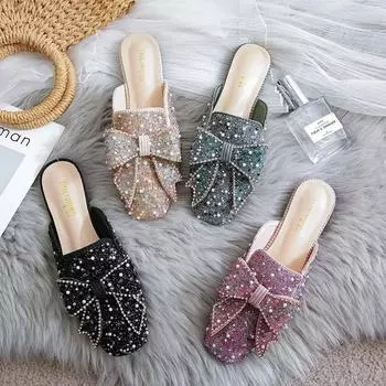 Туфли-мюли с квадратным носком и пайетками, женские тапочки, женские сандалии, шлепанцы с жемчужными блестками, большие размеры 34-43 34 зелёный