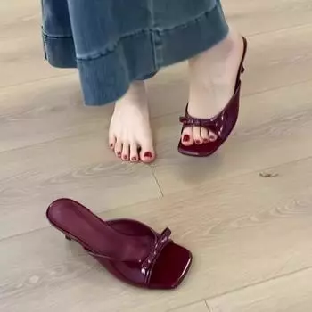 Туфли-мулы на низком высоком каблуке, лучшие летние женские сандалии в уличном стиле с квадратной головкой, открытым носком и бантом, женские сандалии с ремешками 35