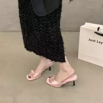 Туфли-мулы на низком высоком каблуке, лучшие летние женские сандалии в уличном стиле с квадратной головкой, открытым носком и бантом, женские сандалии с ремешками 35 розовый