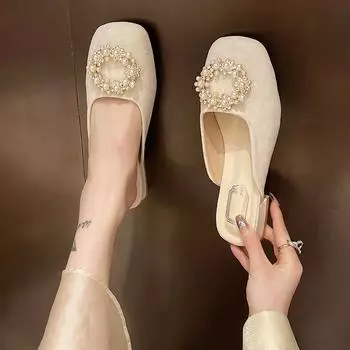 Туфли-мулы с жемчугом для женщин, шлепанцы без шнуровки на квадратном каблуке, женские туфли с острым носком, новые роскошные дизайнерские шлепанцы, элегантные офисные туфли 35 розовый