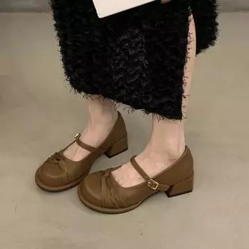 Туфли на блочном каблуке для женщин, туфли-лодочки на платформе для баскетбола 2024 года, сандалии с круглым носком, женские, с неглубоким носком, Мэри Джейн, ретро, массивные 35 чёрный