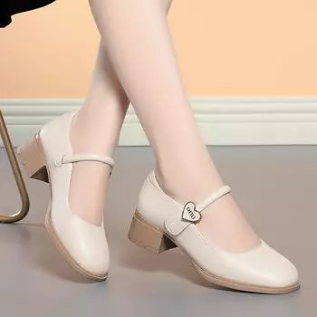 Туфли на грубом каблуке, женские кожаные туфли, вечерние нежные женские туфли в стиле феи, универсальные туфли Мэри Джейн с неглубоким носком 35