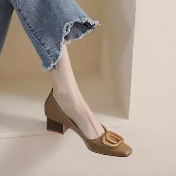 Туфли на грубом каблуке женские новинка 2024 года весна и осень с одной педалью и неглубоким горлом поздний вечерний ветер туфли Doudou с заостренной мягкой подошвой большой размер женская 34 чёрный