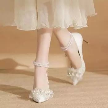 Туфли на каблуках Hgih с жемчугом для женщин, свадебное платье, белые туфли на шпильках 34