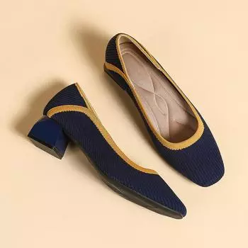 Туфли на каблуке для женщин Вязаные туфли-лодочки Женские модельные туфли на низком каблуке Офисные повседневные туфли с квадратным носком на массивном каблуке Модные женские туфли без шнуровки на каблуке 34