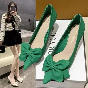 Туфли на каблуке с острым бантом для женщин 2024 года, весна/лето, новые простые модные туфли на тонком каблуке для женщин 34 бежевый