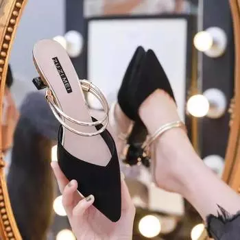 Туфли на каблуке с острым носком зеленые мюли лето 2024 женские тапочки и босоножки шлепанцы легко носить обычные Vip H сандалии F 34