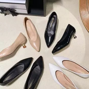 Туфли на каблуке женские кошачий каблук 2025 новые неглубокие заостренные средние каблуки французские одинарные туфли женские летние одинарные туфли на среднем каблуке женские туфли 34 чёрный
