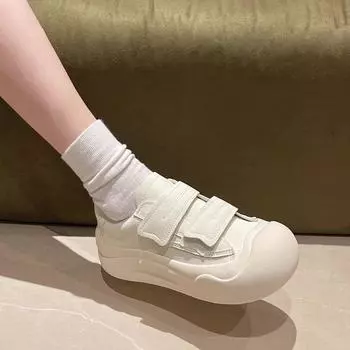 Туфли на липучке, холодные, липкие, на толстой подошве, уродливые, симпатичные, для женщин, 2024, новый академический стиль, для спорта и отдыха, высококачественные маленькие белые туфли для женщин 35 абрикосовый