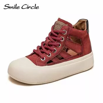 Туфли на массивной плоской подошве из натуральной кожи, повседневная обувь с полым круглым носком, женская обувь с высоким берцем на толстой подошве и шнуровкой