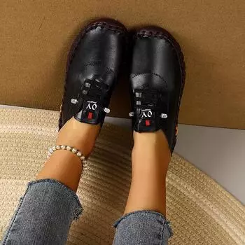 Туфли на мягкой подошве, женские большие размеры, сшитые вручную, на шнуровке, повседневные туфли 35 чёрный