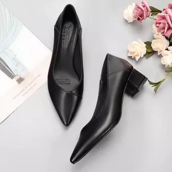 Туфли на низком каблуке, черные, грубые, кожаные, женские, рабочие, одинарные туфли 31 thick heel twill 3CM чёрный