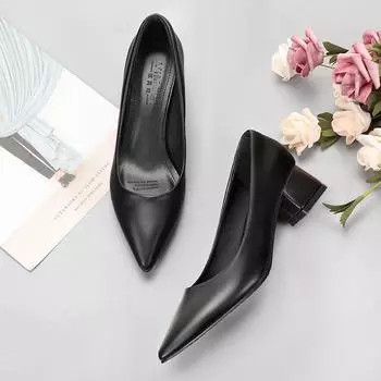 Туфли на низком каблуке, черные, грубые, кожаные, женские, рабочие, одинарные туфли 31 thick heel light plate 3CM чёрный