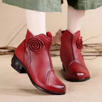 туфли на низком каблуке красные женские настоящие винтажные сапоги женские резные узоры зимние меховые туфли на каблуке теплые плюшевые туфли CN 35