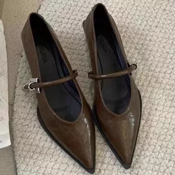 Туфли на низком каблуке Маленькие ароматные туфли с острым носком Женские зимние туфли Мэри Джейн Женские рабочие туфли на толстом каблуке Маленькие кожаные туфли 35 коричневый