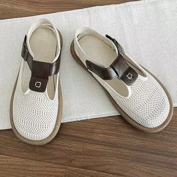 Туфли на низком каблуке с круглым носком для женщин, новинка 2024 года, горячая распродажа, летняя модная женская обувь из резины, сетчатые туфли Baotou с одной строчкой и пряжкой 35 абрикосовый