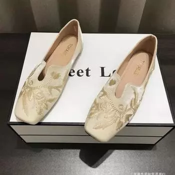 Туфли на низком каблуке с квадратным носком и шнуровкой на манжете, квадратный каблук для женщин, летняя высококачественная вышитая классическая женская обувь 35