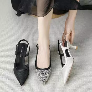 Туфли на низком каблуке с затылком пустые туфли в стиле ретро сандалии тонкие каблуки классные тапочки туфли на высоком каблуке пустые одинарные женские G6832-70 34 чёрный