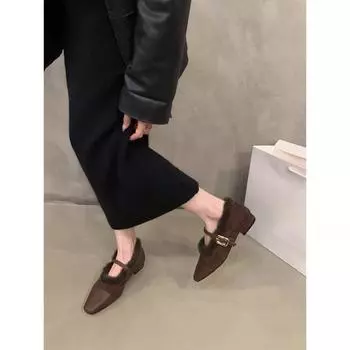 Туфли на низком каблуке, туфли Мэри Джейн, женские туфли, 2025, новые теплые туфли из хлопка, вечерние 35 чёрный