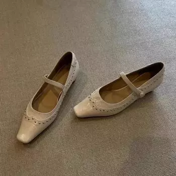 Туфли на низком каблуке женские балетки с заклепками и шпильками женские мокасины платье ретро натуральная кожа резина Janes 34 бежевый