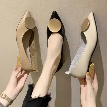 Туфли на низком квадратном каблуке для женщин, мягкие кожаные удобные офисные туфли для работы, модные туфли с металлической пряжкой и блочным каблуком для вечеринок на высоком каблуке 35 бежевый