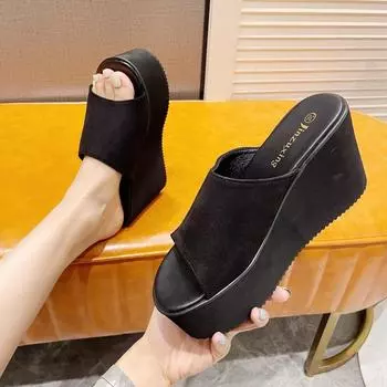 Туфли на очень высоком каблуке 10 см из искусственной кожи, черные женские туфли, лето 2024 г., босоножки на танкетке с открытым носком и каблуком-платформой 34