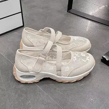 Туфли на платформе 2024 года, новые, на липучке, с низким верхом, с сеткой, с круглым носком, импортные, большого размера, модные, спортивные, женские, повседневные туфли 35 бежевый