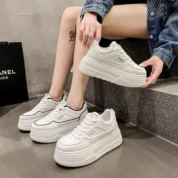 Туфли на платформе белые женские 2024 зимние новые корейские версии повседневные модные спортивные туфли увеличивающие высоту кед туфли кожаные туфли для доски 35 чёрный