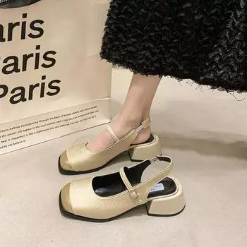 Туфли на платформе и высоком каблуке 2024 года, лето, новая мода, пряжка, однотонная женская обувь из искусственной кожи, водонепроницаемая, элегантная женская обувь на каблуке 35 бежевый