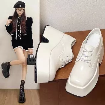 Туфли на платформе из кожи женские на высоком каблуке в стиле Харадзюку повседневные оксфордские туфли на толстой подошве Мэри Джейн женские туфли на шнуровке в стиле Лолита женские 35