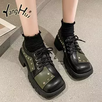 Туфли на платформе в римском стиле для женщин 2024 года, модные кожаные аксессуары с заклепками, универсальные удобные туфли-лодочки, туфли-лоферы, весна-осень 35 коричневый