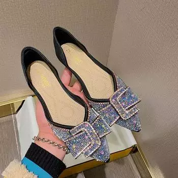 Туфли на плоской подошве больших размеров для женщин Весенние туфли с острым носком Красивые мокасины с бантом для девочек Туфли-лодочки со стразами Летние сандалии 34 чёрный