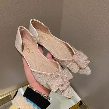 Туфли на плоской подошве больших размеров для женщин Весенние туфли с острым носком Красивые мокасины с бантом для девочек Туфли-лодочки со стразами Летние сандалии 34 чёрный