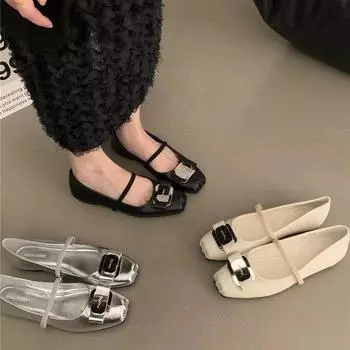 Туфли на плоской подошве, черные, темпераментные, женские туфли, весна-лето, ретро, серебристые туфли Мэри Джейн 35 серебряный