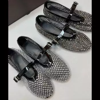 Туфли на плоской подошве для балерин со стразами. Женская модельерская женская обувь Мэри Джейн. Летние сетчатые полые сандалии. 35