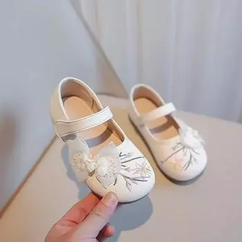 Туфли на плоской подошве для девочек с сетчатым узлом, детские вышитые кожаные туфли для вечеринки, свадьбы, детские элегантные туфли принцессы для темперамента 26 бежевый