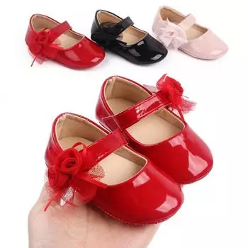 Туфли на плоской подошве для маленьких девочек, нескользящие кроссовки с кружевом и цветочным узором для малышей, мягкая подошва из искусственной кожи, свадебные туфли принцессы для новорожденных, От 0 до 18 месяцев L