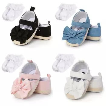 Туфли на плоской подошве для маленьких девочек с носками. Нескользящая обувь на мягкой подошве с бантом для новорожденных. Свадебная обувь принцессы для новорожденных. Первые ходоки для малышей. 6-12/M